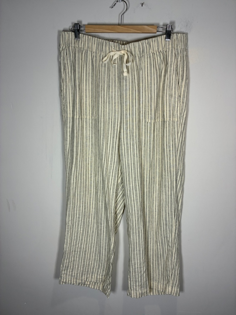 Lucky Brand Linen Blend Stripe Pants Wide Leg Drawstring Cream L